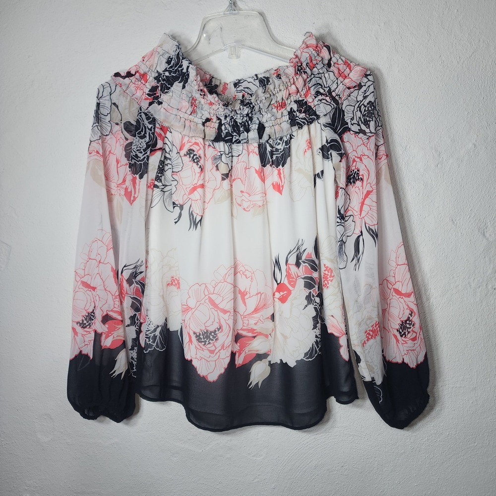 White House Black Market Blouse Sm Polyester White Floral Smocked Off Shoulder